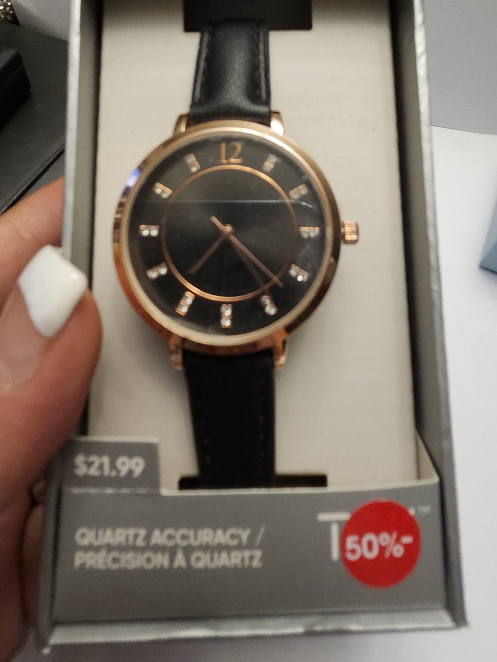 Men's Black Leather Strap Watch with Rose Gold Case and Accent Stones